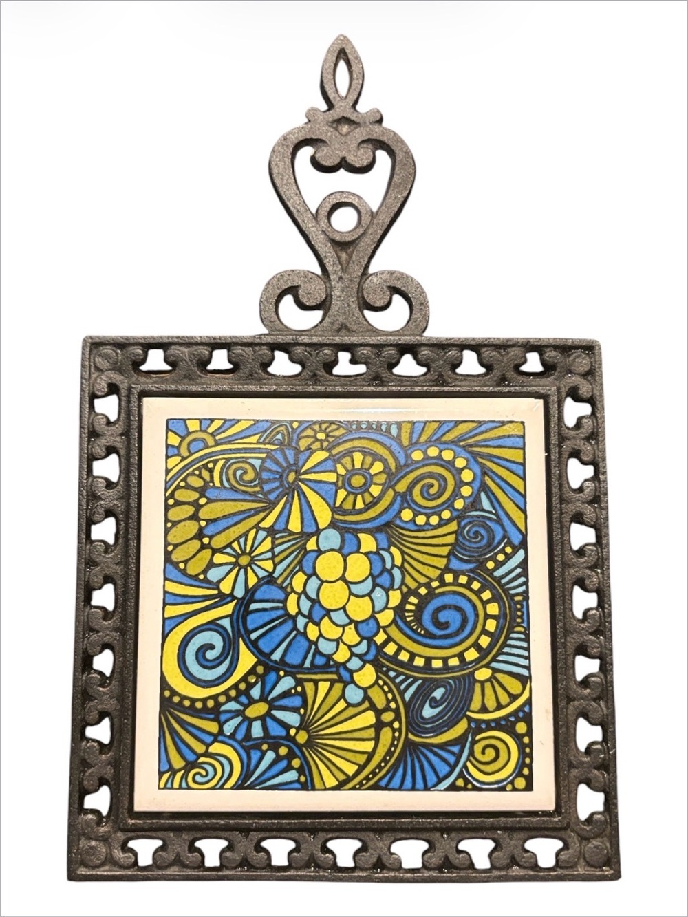 Vintage Trivet Black Cast Iron w/Ceramic Tile